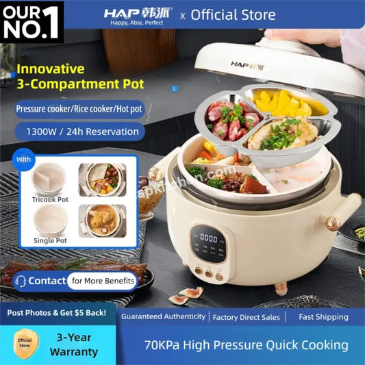 Hap triple-cook eletric pressure cooker - cook 3 dishes at once